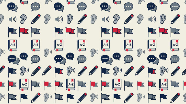 Language learning symbols and linguistic icons arranged in a seamless repeating pattern for educational branding and wallpapers.