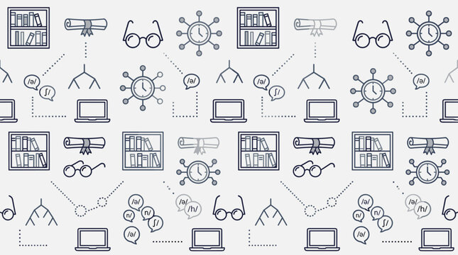 Language study metaphors and linguistic system symbols arranged in a sophisticated seamless repeating pattern for academic themes.