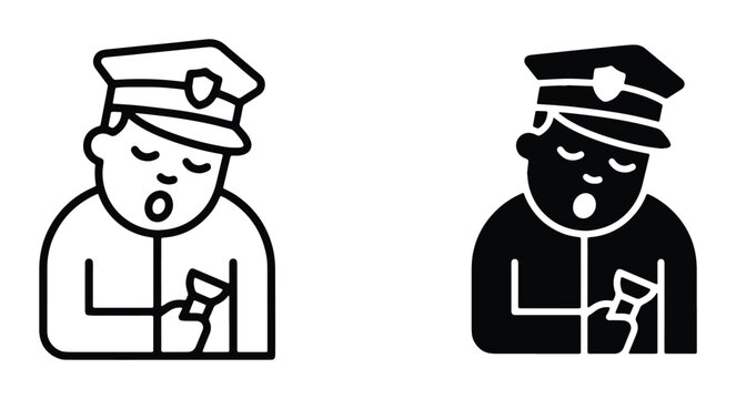 Sleeping police officer icon set, tired security guard character vector, lazy law enforcement officer napping on duty, black and white line art
