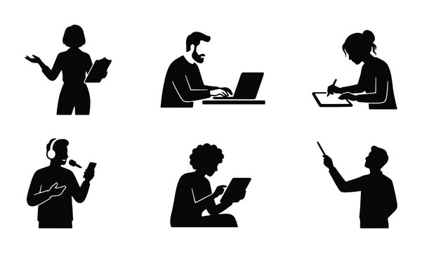 Minimalist black silhouette icons of people working, professional business character set of 6 vector elements, office employees using technology