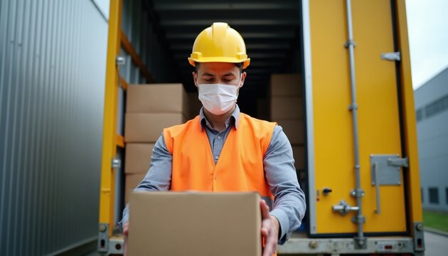 Man in hard hat and mask carries box from truck. Logistics worker transports goods. Delivery person works with packages in warehouse. Safety in cargo shipping.