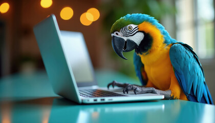 Obraz premium Blue and yellow macaw parrot types on laptop keyboard. Bird with colorful feathers looks at screen, using computer. Animal works remotely indoors.