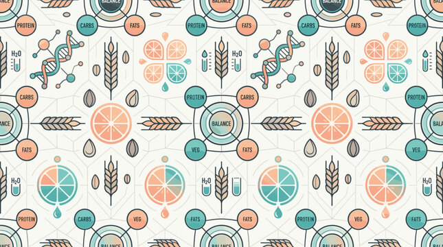 Nutritional balance icons and healthy eating metaphors integrated into a sleek seamless repeating pattern for lifestyle and health