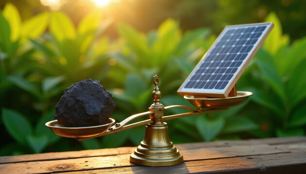 Balance scale shows coal lump and solar panel equally weighed. This symbolizes energy choice contrast and a balanced approach to clean power transition. Green nature background suggests eco harmony.