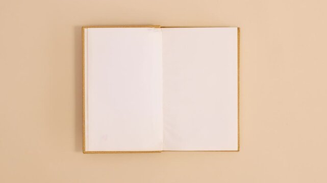 Top view of an open vintage book with blank pages on a light beige background, ideal for literary or educational designs.
