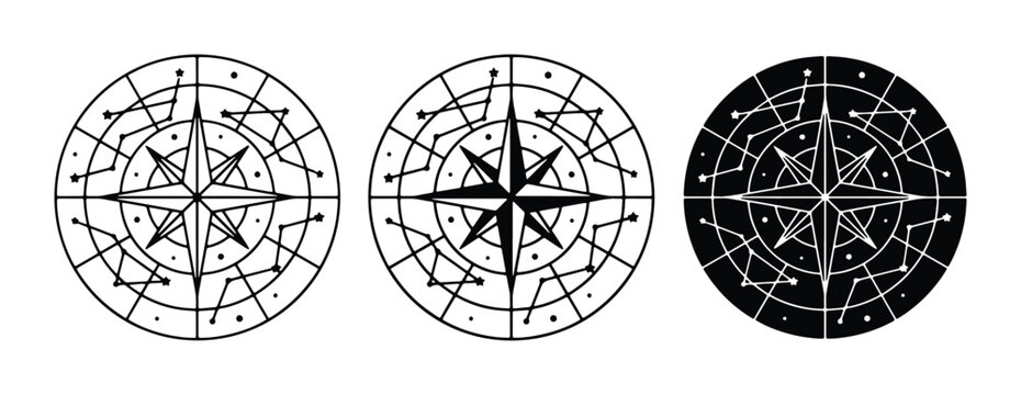 Nautical compass rose vector set, celestial star map with constellations, black and white wind rose icons for navigation and travel design