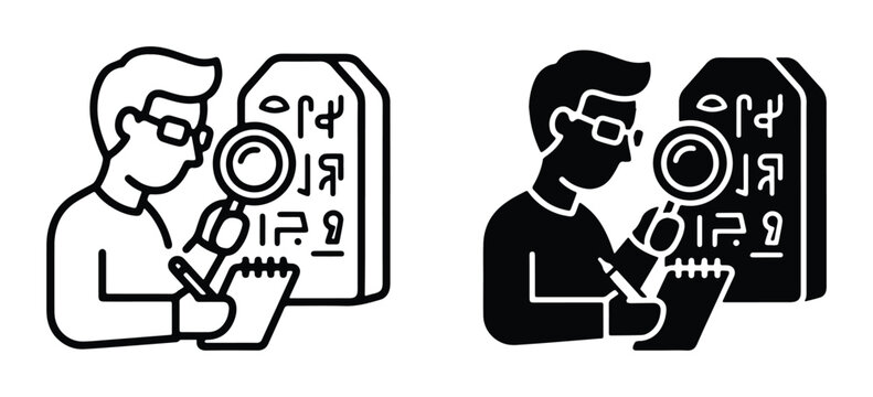 Archeologist studying ancient stone tablet with magnifying glass, historian deciphering hieroglyphics vector icon, researcher taking notes on artifact
