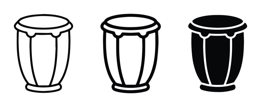 Conga drum icon set, black and white percussion instrument vector illustrations, minimalist hand drum symbols for music apps and festival branding
