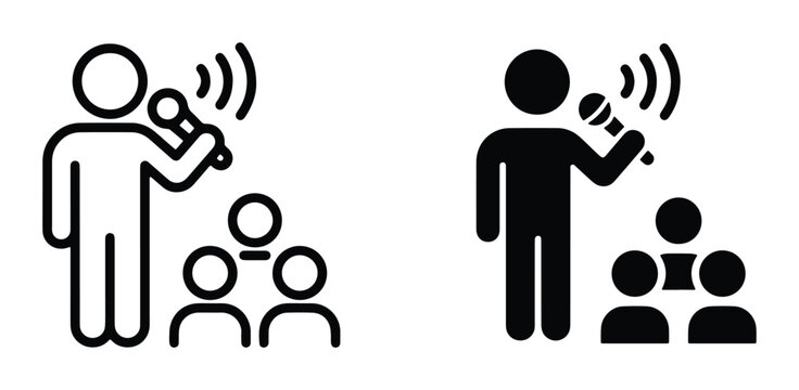Public speaking icon set, person with microphone talking to audience, speaker giving presentation to crowd, black and white vector pictograms
