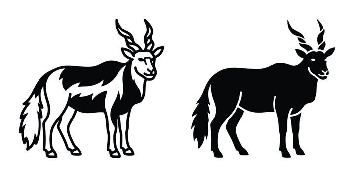 Vintage markhor goat vector illustrations, black and white wild mountain goat icons, hand drawn markhor silhouettes for hunting and nature logos