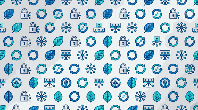 Remote work sustainability components and digital tech symbols forming a continuous seamless pattern for corporate tech materials.