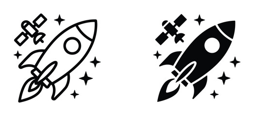 Rocket ship launch icons in outline and solid styles, space exploration spacecraft with satellite and stars, startup business growth concept vector © Shariful