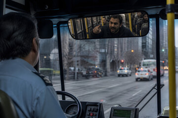Fototapeta premium Aggressive passenger reflected in bus rearview mirror confronting driver, cinematic lighting, urban street visible, high tension public transport conflict, ultra realistic 8k detail. 