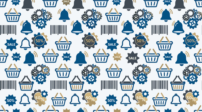 In-store shopping symbols and retail trade metaphors forming a continuous seamless pattern for professional business branding.
