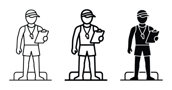 Swimming coach icon set, lifeguard vector illustrations with whistle and clipboard, professional pool trainer symbols in line and silhouette styles