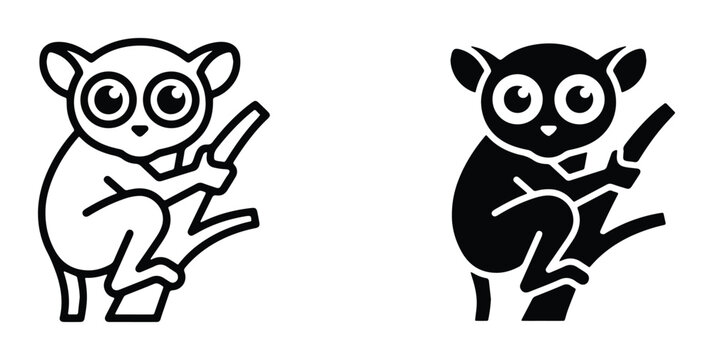 Minimalist tarsier icon set, cute primate vector character on branch, black and white tarsier silhouette and line art illustrations