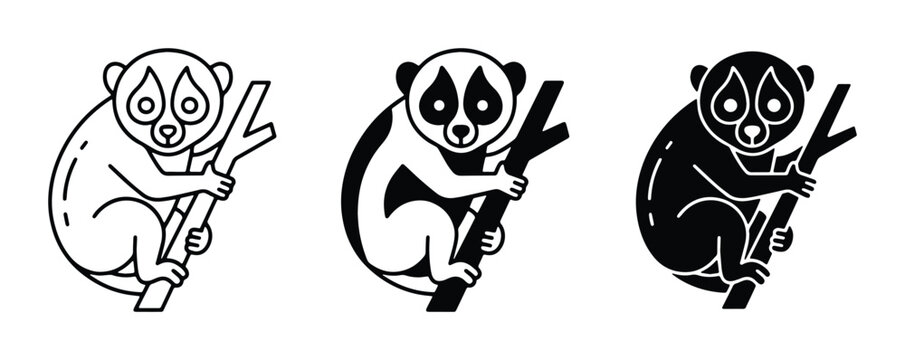 Slow loris vector icon set, minimalist primate character sitting on a branch, black and white wildlife illustration for nature conservation branding