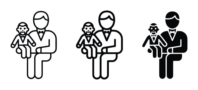Ventriloquist icon set with dummy puppet, professional performer with wooden doll vector, entertainment stage artist line and glyph symbols
