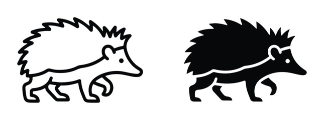 Minimalist hedgehog vector icons, black and white forest animal silhouettes, set of 2 stylized hedgehog line art graphics for nature logos © Lima