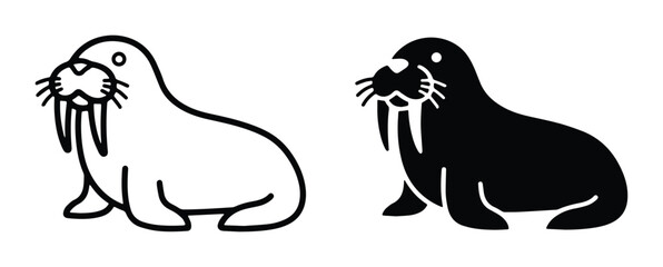 Minimalist walrus icon set, black and white arctic animal vector illustrations, simple line art and solid silhouette walrus characters for logo design © Mahfuz