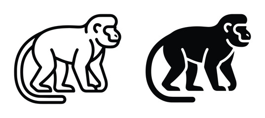 Minimalist monkey vector icons, black line art and solid silhouette primate graphics, tropical jungle animal symbols for logo design and web UI © Rehena