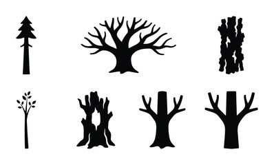 Fototapeta premium Black tree silhouettes set, 7 forest plant vector icons, minimalist nature landscape elements