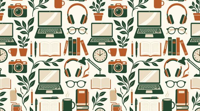 Creative workspace essentials pattern with laptops, books, and plants