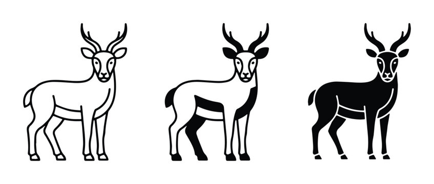Minimalist gazelle icon set, black and white antelope vector silhouettes, stylized impala wildlife illustrations for logo design and branding