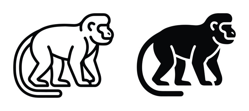 Minimalist monkey vector icons, black line art and solid silhouette primate graphics, tropical jungle animal symbols for logo design and web UI