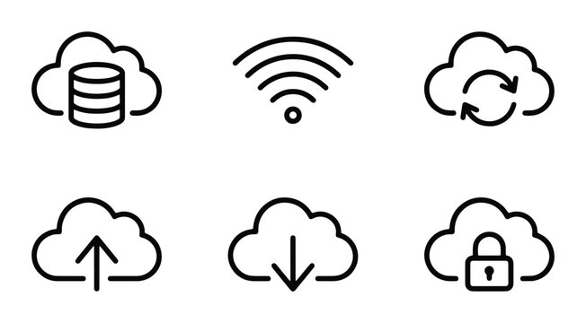 Cloud computing line icons set, 6 minimalist network and data storage vector elements, wireless wifi and secure server symbols for web design