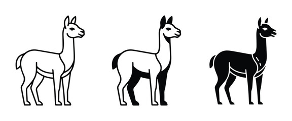 Minimalist llama icon set, black and white alpaca vector illustrations, three stylized guanaco silhouettes for logo design and branding © Imran