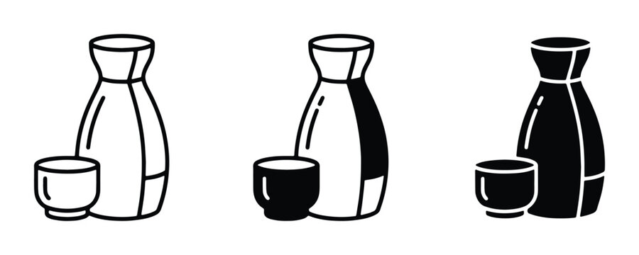 Japanese sake bottle and cup icons, traditional rice wine ceramic carafe set, minimalist black and white vector illustrations for restaurant menus