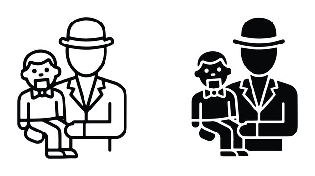 Ventriloquist with dummy puppet vector icons, performer holding wooden doll in suit and bowler hat, entertainment and comedy show graphics
