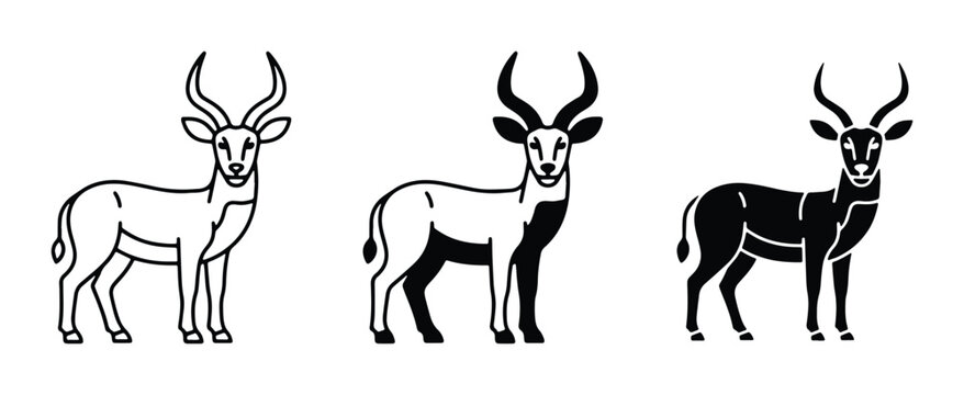 Impala antelope vector icons set, minimalist gazelle wildlife silhouettes, black and white african safari animal illustrations for logo design