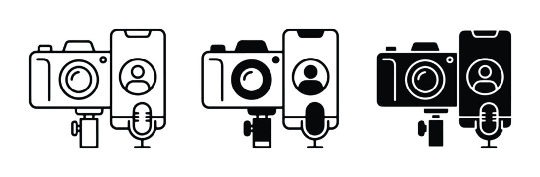 Vlogging equipment icons set, digital content creation tools with camera and smartphone, mobile video production and live streaming vector graphics