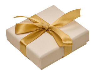 Naklejka premium Beige gift box with golden satin ribbon on isolated background