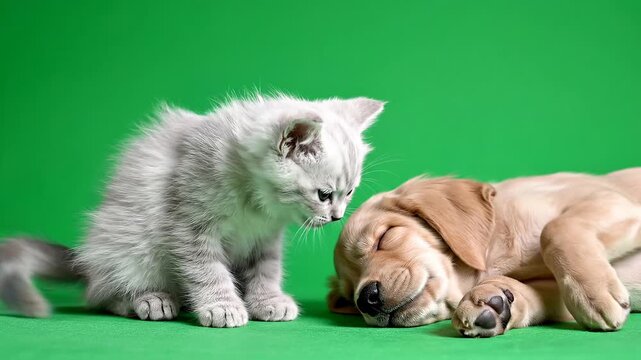 White Kitten Sitting Calmly Beside Sleeping Puppy Green Screen Studio