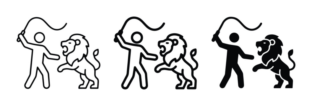 Circus lion tamer icons, trainer with whip and wild animal vector set, taming performance signs