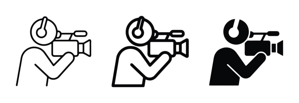 Professional cameraman icon set, videographer with camera and headphones vector, broadcast media operator symbols in line and silhouette styles
