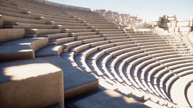 Ancient stone amphitheater seating with curved rows of empty seats