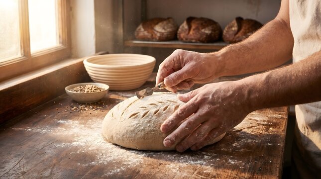 Sourdough Baking: Baker's Hands Kneading Dough - Rustic Craft