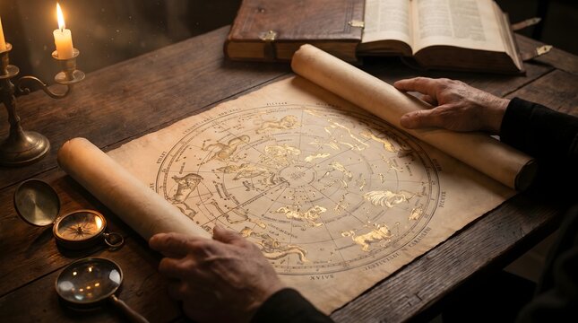 Celestial Map Discovery - Hands Unrolling Vintage Star Chart