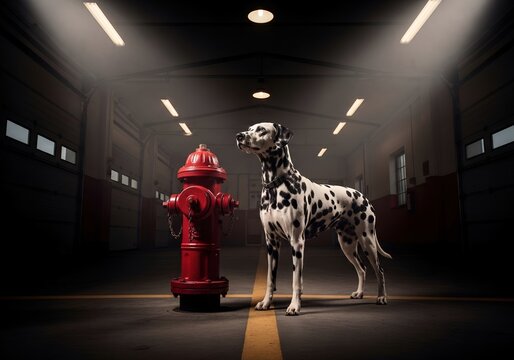 Dalmatian dog standing next to a bright red fire hydrant in a fire station garage.