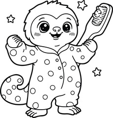 Fototapeta premium Cute baby sloth wearing pajamas and holding a toothbrush adorable funny animal character for children coloring books and elementary school health projects