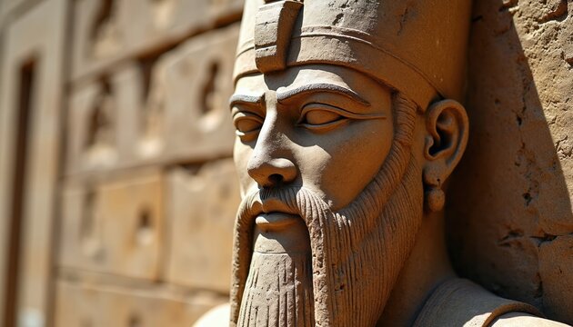 Stone relief sculpture of ancient Sumerian king Enlil with beard and headdress. Deity figure wears earrings on weathered wall background. Mesopotamian artifact offers historic religious insight.
