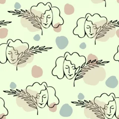 One Line Continuous Drawing of Outline Female Face as Symbol Spring Blooming or Love to Plants Seamless Pattern. Contemporary art modern simple style for printable design, boho style, hygge mood. © Rina Ka