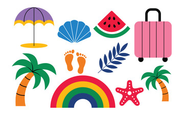 Obraz premium Colorful beach vacation icons including umbrella, suitcase, palm trees, and rainbow summer umbrella suitcase tree