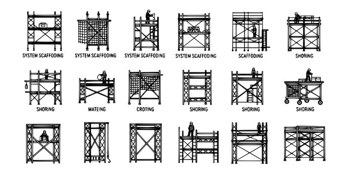 Black and White Scaffolding Icons Set, Construction Industry Vector Art
