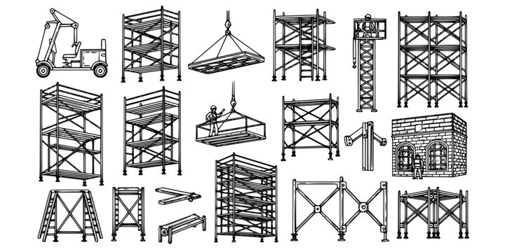 Black and White Scaffolding Icons Set, Construction Industry Vector Art
