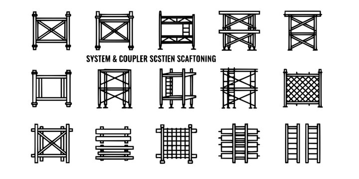 Black and White Scaffolding Icons Set, Construction Industry Vector Art
